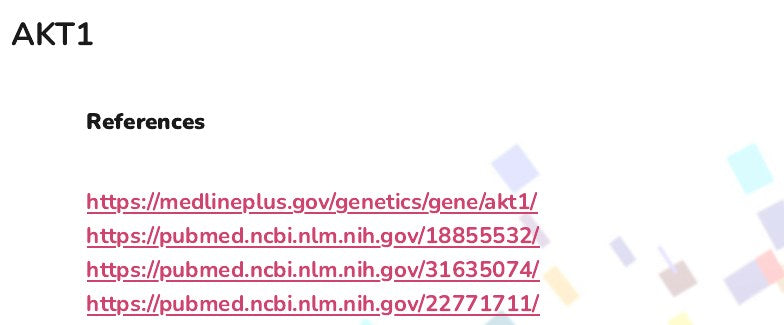 The references listed for the AKT1 gene in the appendix of an example report, as links to the studies and gene records.