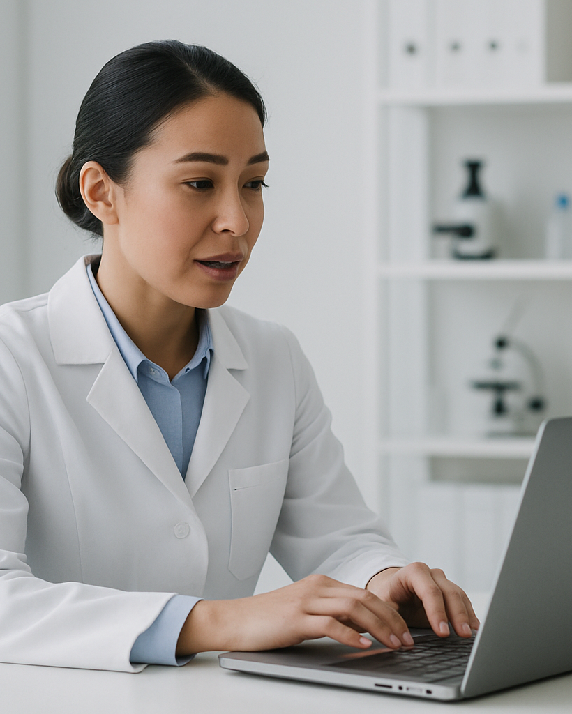 someone in a lab coat giving a using a laptop to consult someone online