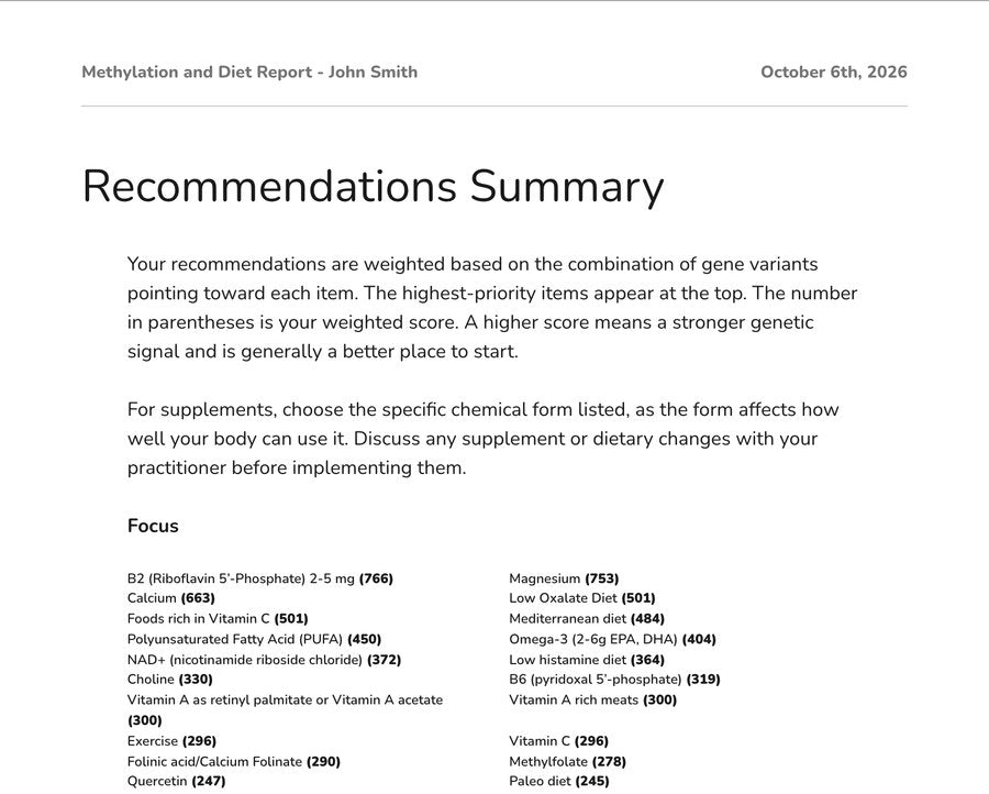 Example report page: the Recommendations Summary, foods and nutrients ranked by score.