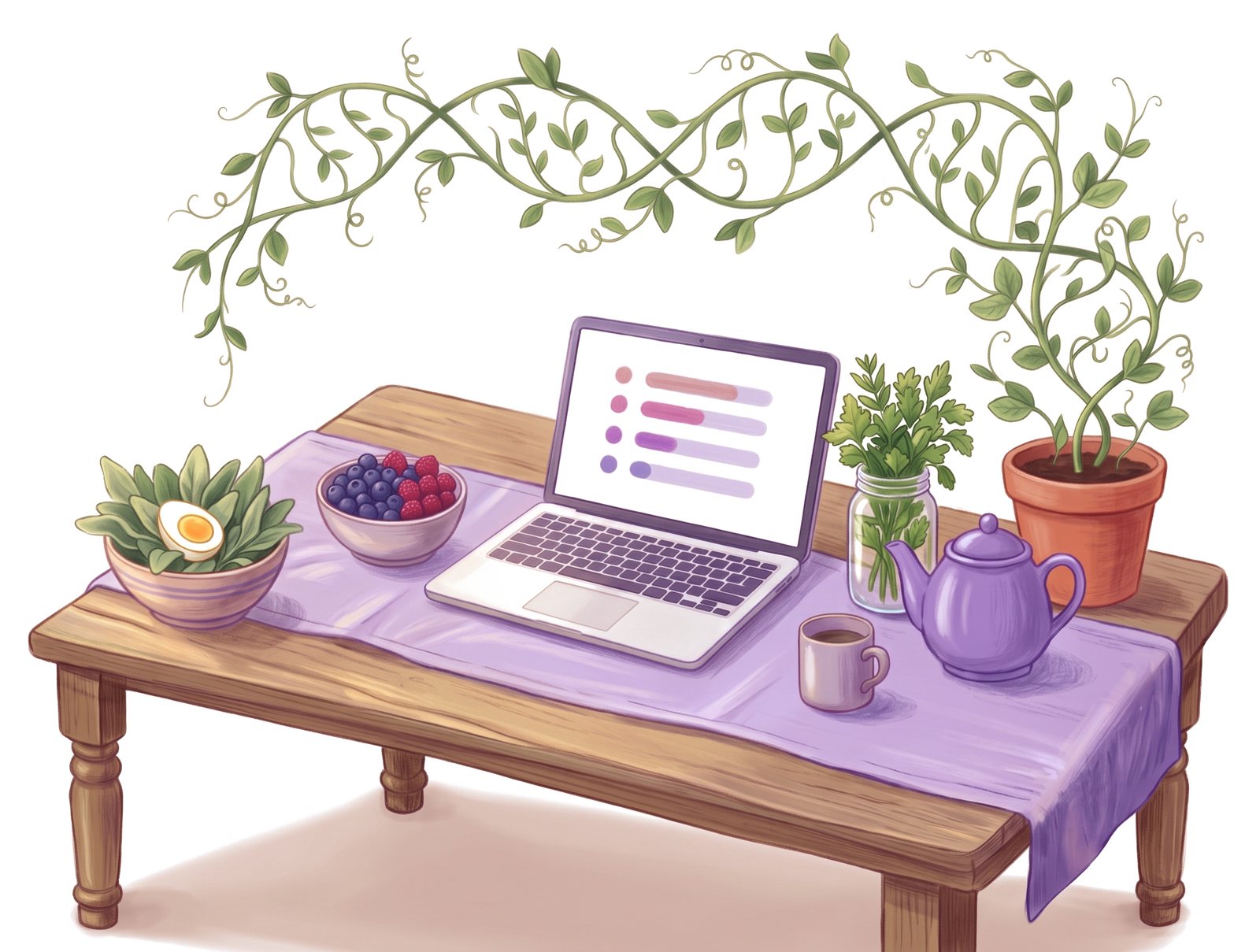 An illustrated laptop showing a ranked list, beside a bowl of greens with a boiled egg and a cup of tea, under a vine that twists like a strand of DNA.