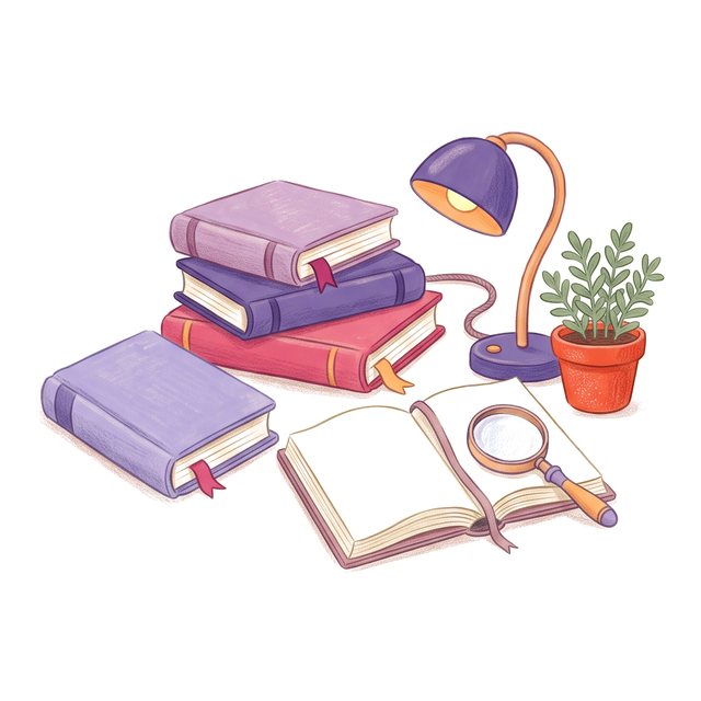An illustrated stack of books, an open book with a magnifying glass, a desk lamp and a small plant.